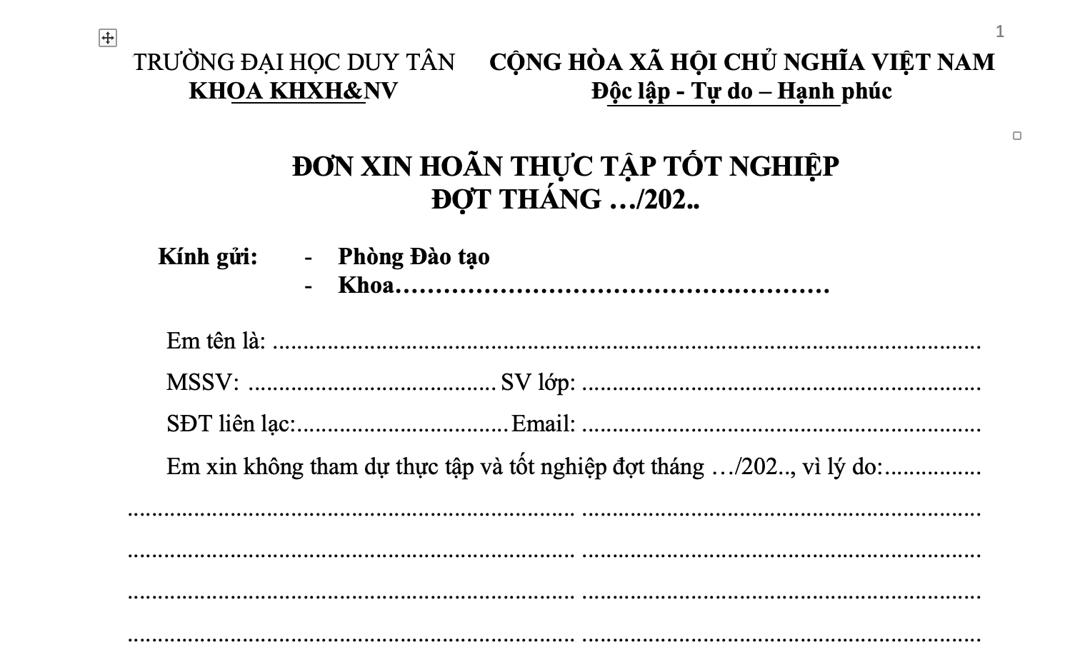 Đơn xin hoãn thực tập tốt nghiệp